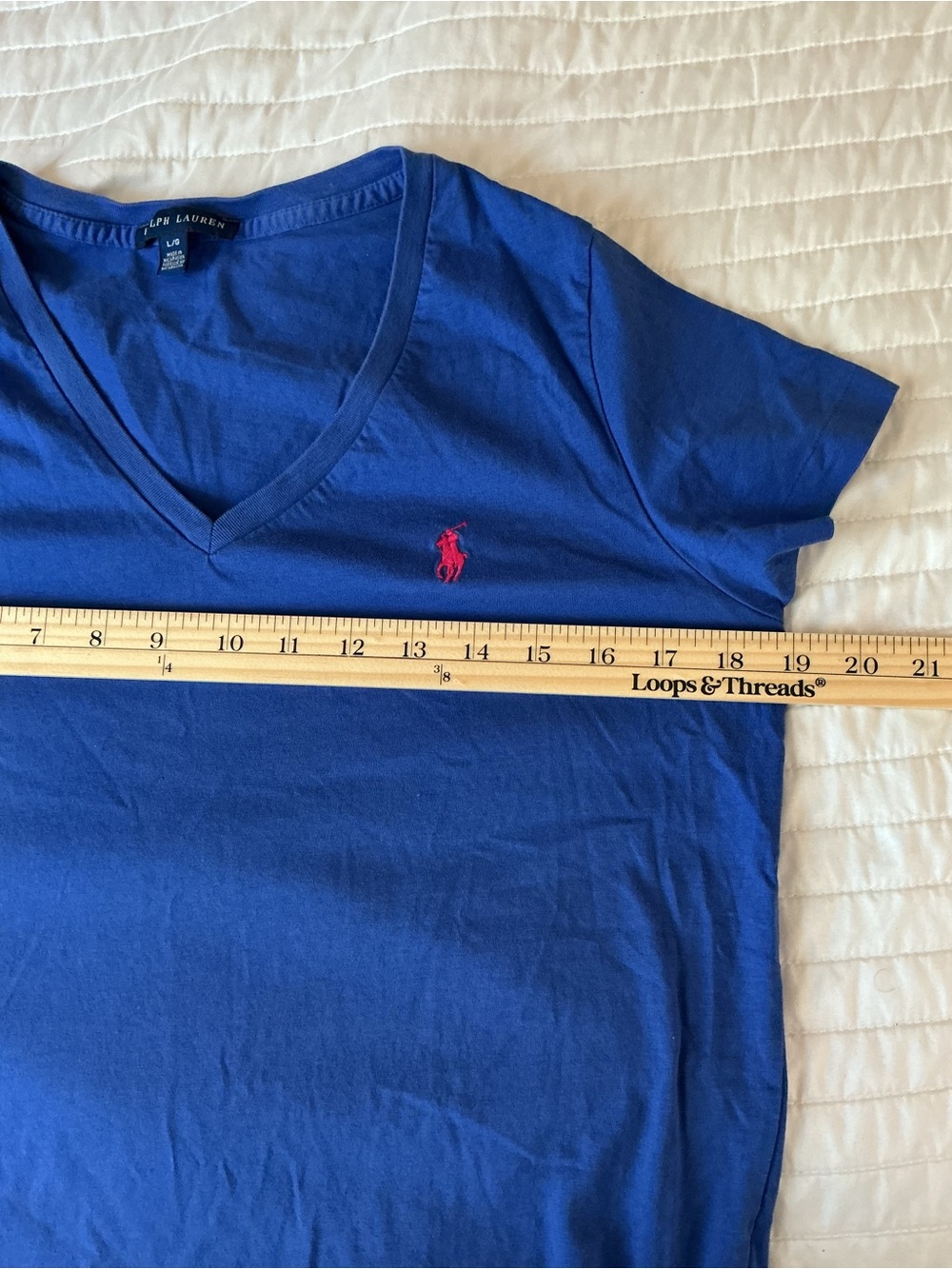 Ralph Lauren V-Neck Tee in Royal Blue with Pink Logo - Picture 8 of 8